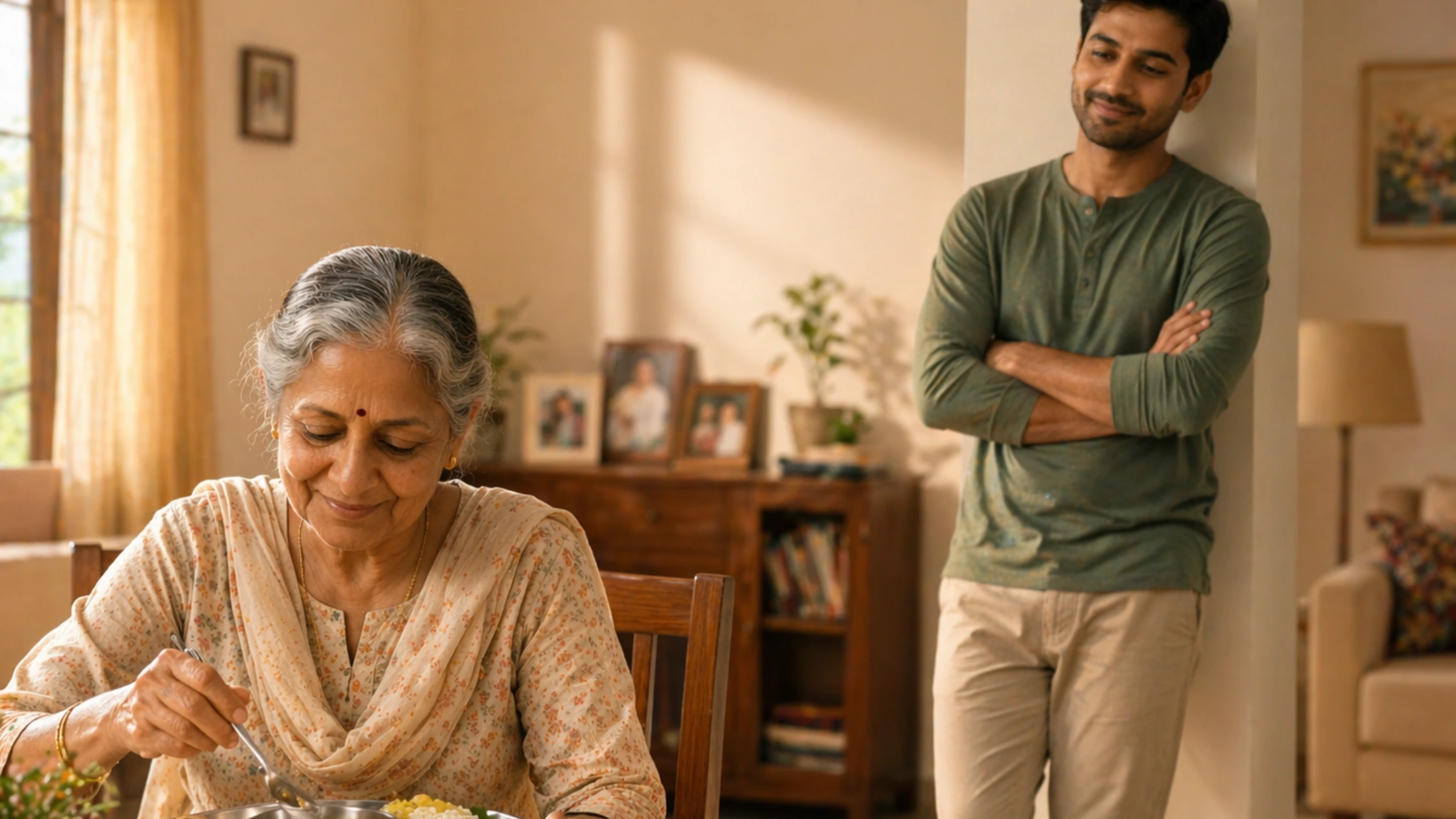 Adult child caring for elderly parent at home showing respectful health tracking and family health support