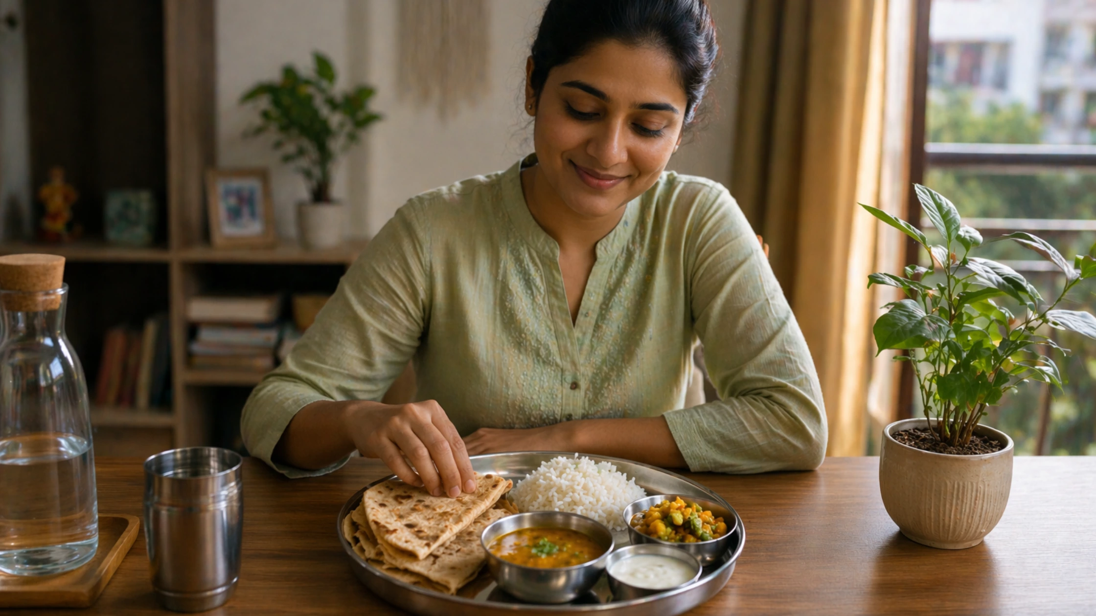 Balanced Indian meal with roti, rice, dal, and vegetables showing healthy Indian eating habits