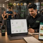 Indian personal trainer using fitness coaching software dashboard with nutrition tracking and client management tools
