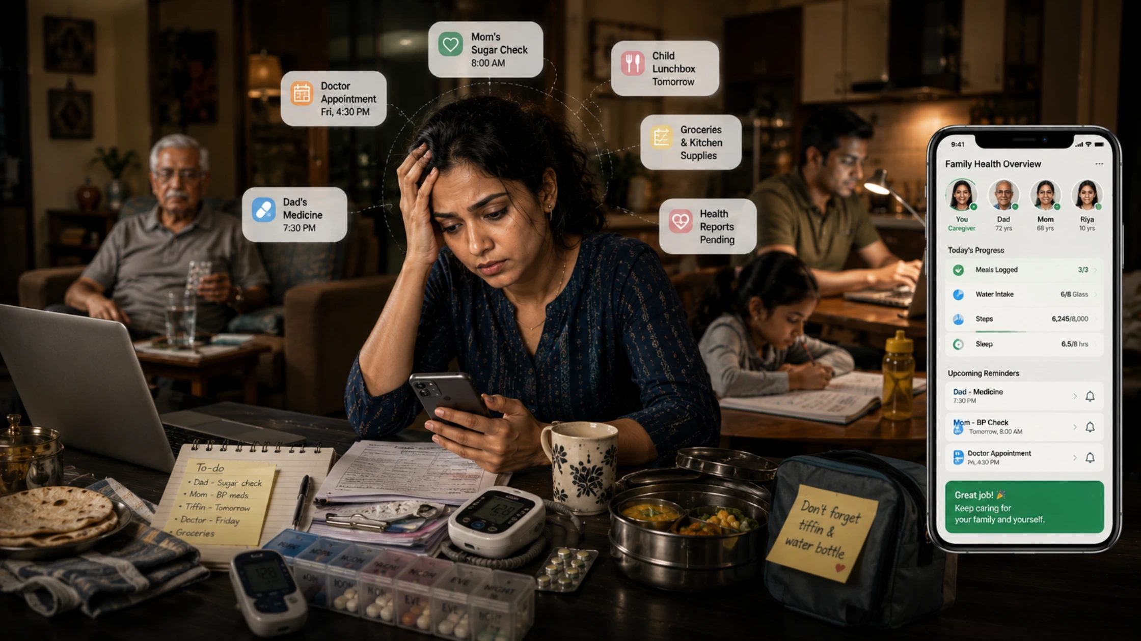 Indian woman experiencing caregiver burnout while managing family health, meals, medicines, and daily routines using digital health tracking tools