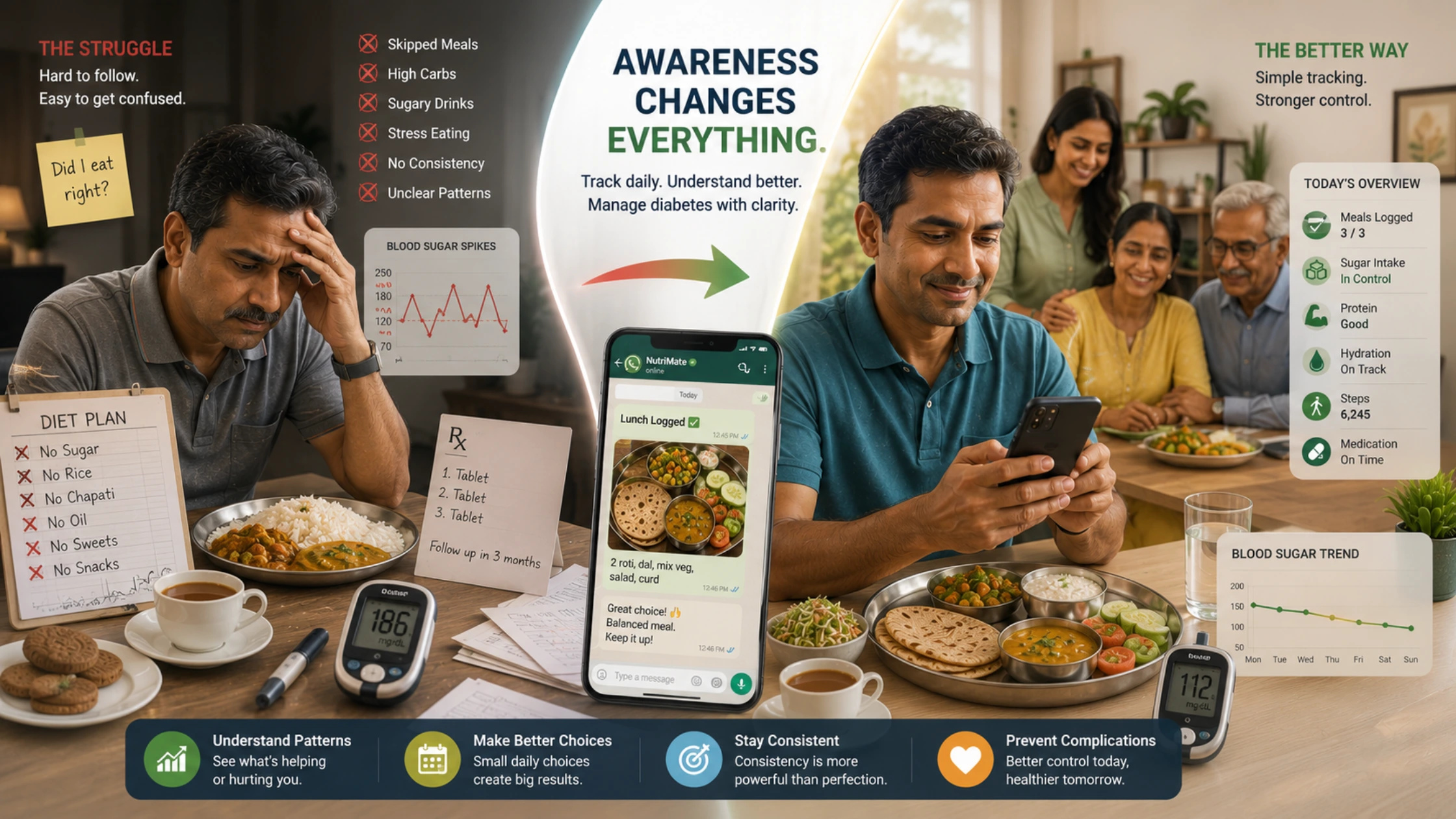 Indian diabetes patient using daily nutrition tracking and meal logging for better blood sugar management