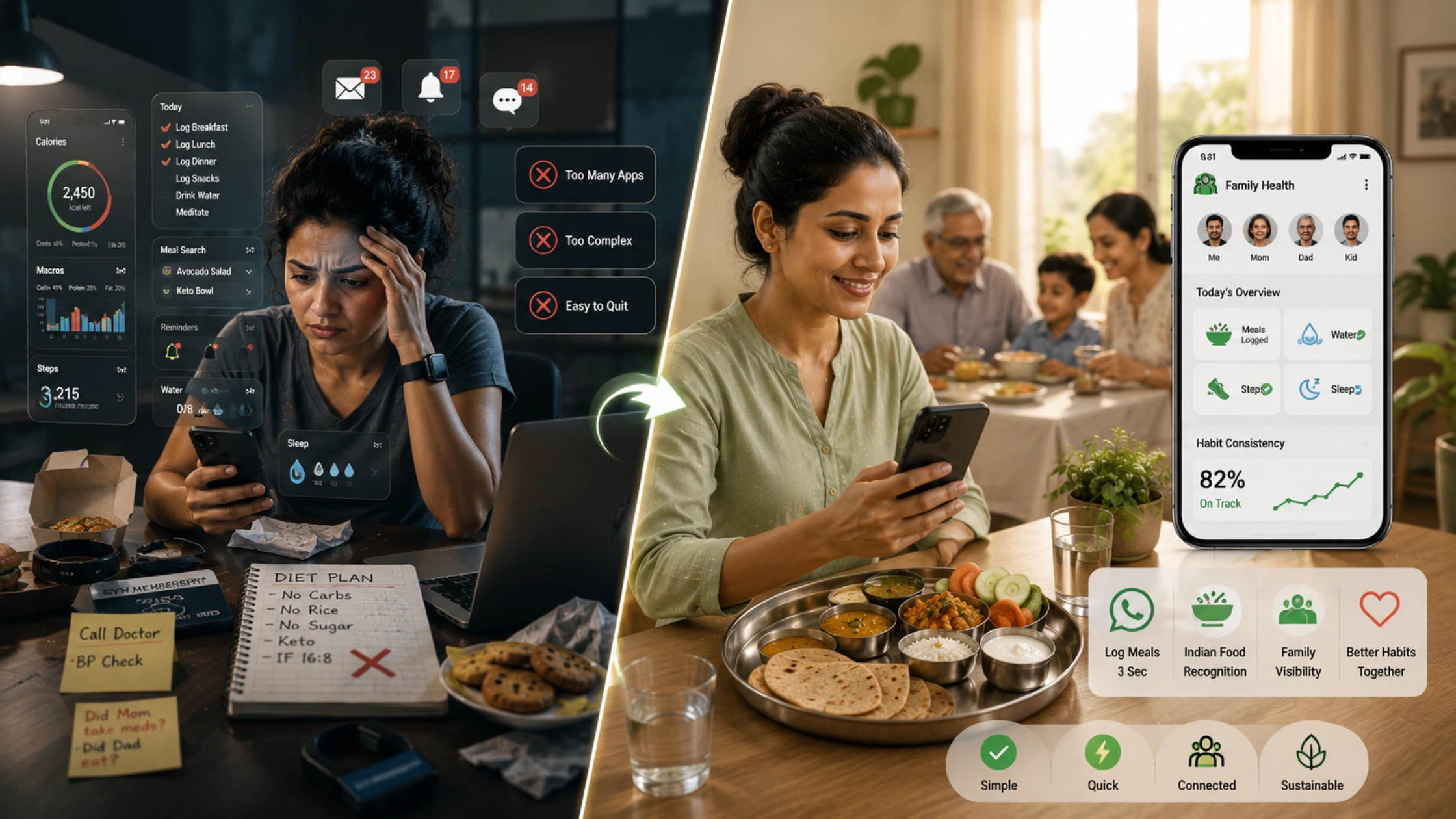 Indian users using a simple digital wellness platform India system with WhatsApp meal logging for sustainable health tracking