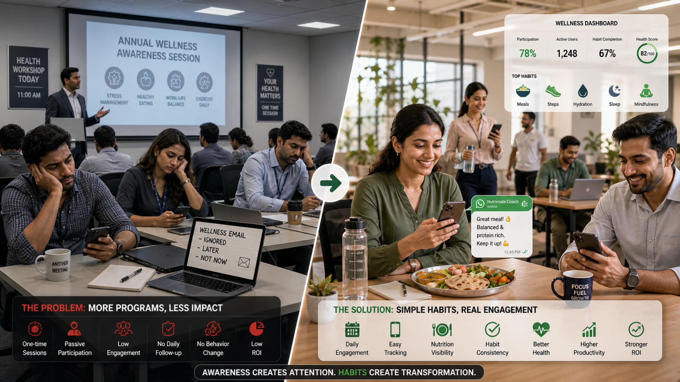 Indian HR team reviewing employee wellness participation and workplace wellness engagement tools for better daily health outcomes
