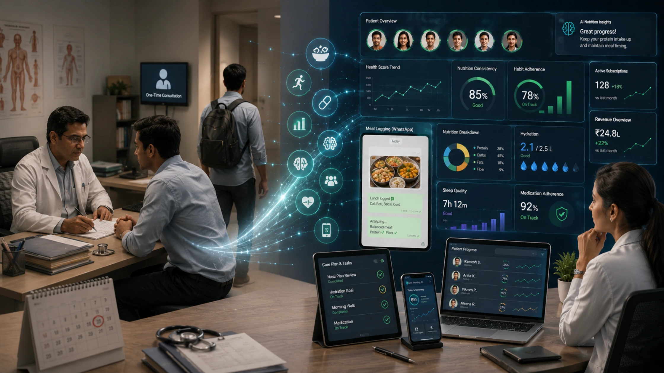 Indian healthcare professional using a digital health dashboard to monitor patient nutrition, compliance, and wellness progress