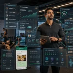 Indian gym owner reviewing digital fitness business growth dashboard with member engagement and nutrition tracking analytics