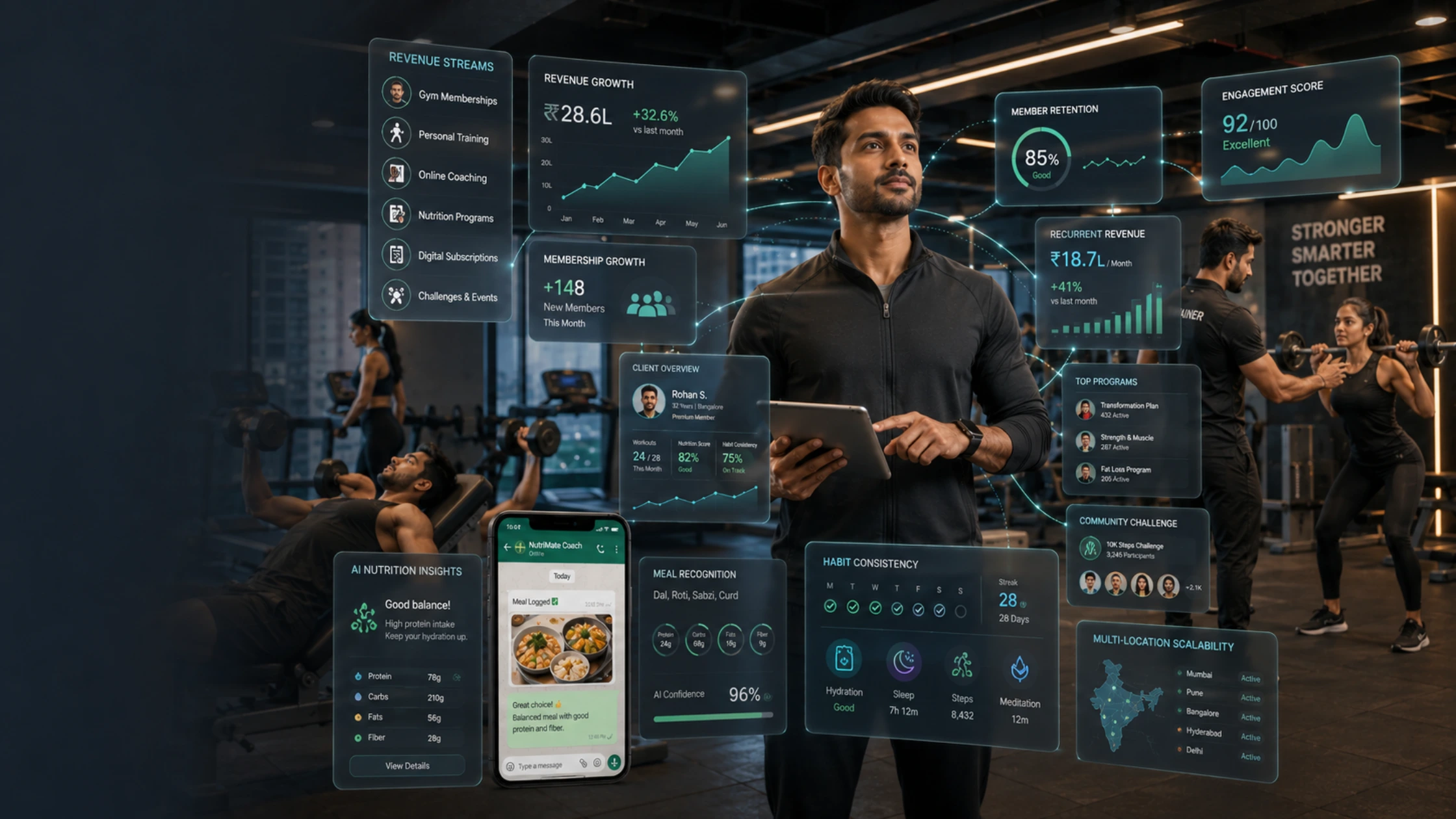 Indian gym owner reviewing digital fitness business growth dashboard with member engagement and nutrition tracking analytics