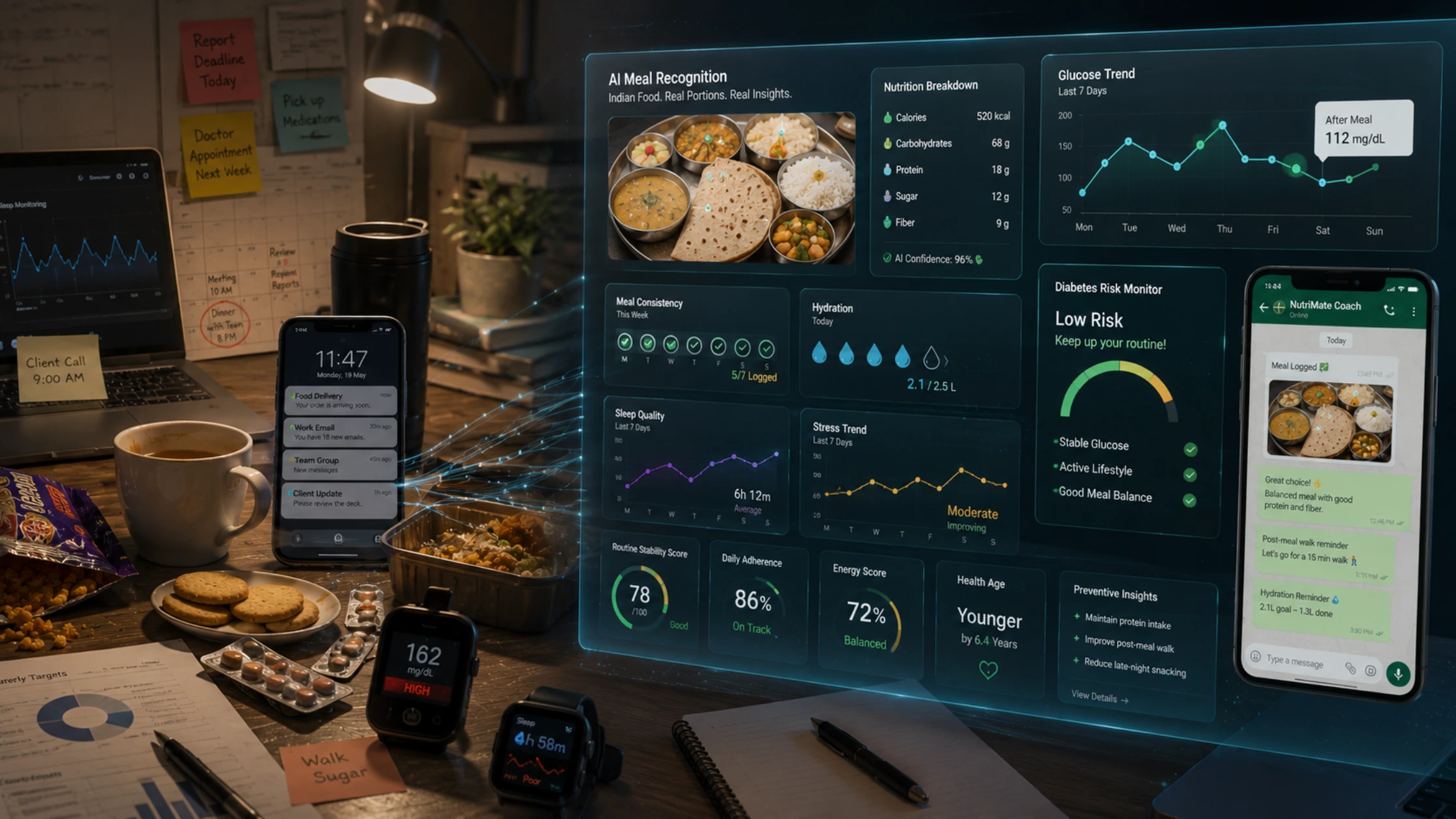 Indian dietitian reviewing AI-powered nutrition tracking dashboard for diabetes and PCOS patients in a modern wellness clinic