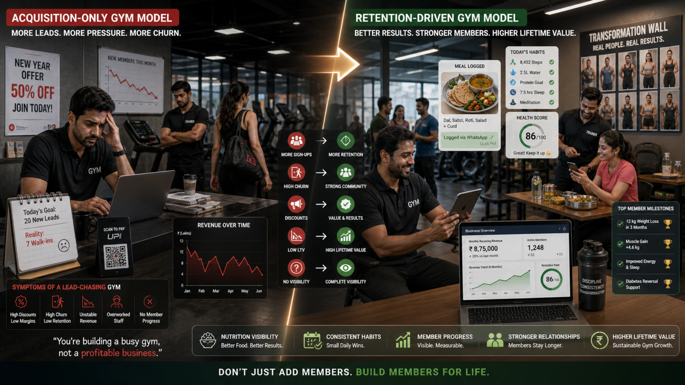 Indian gym owner analyzing member retention, gym revenue growth, and lifetime value strategies for long-term business profitability