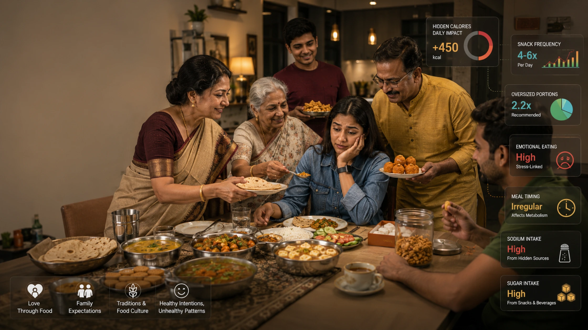 Indian family eating traditional dinner together while discussing healthy eating habits at home