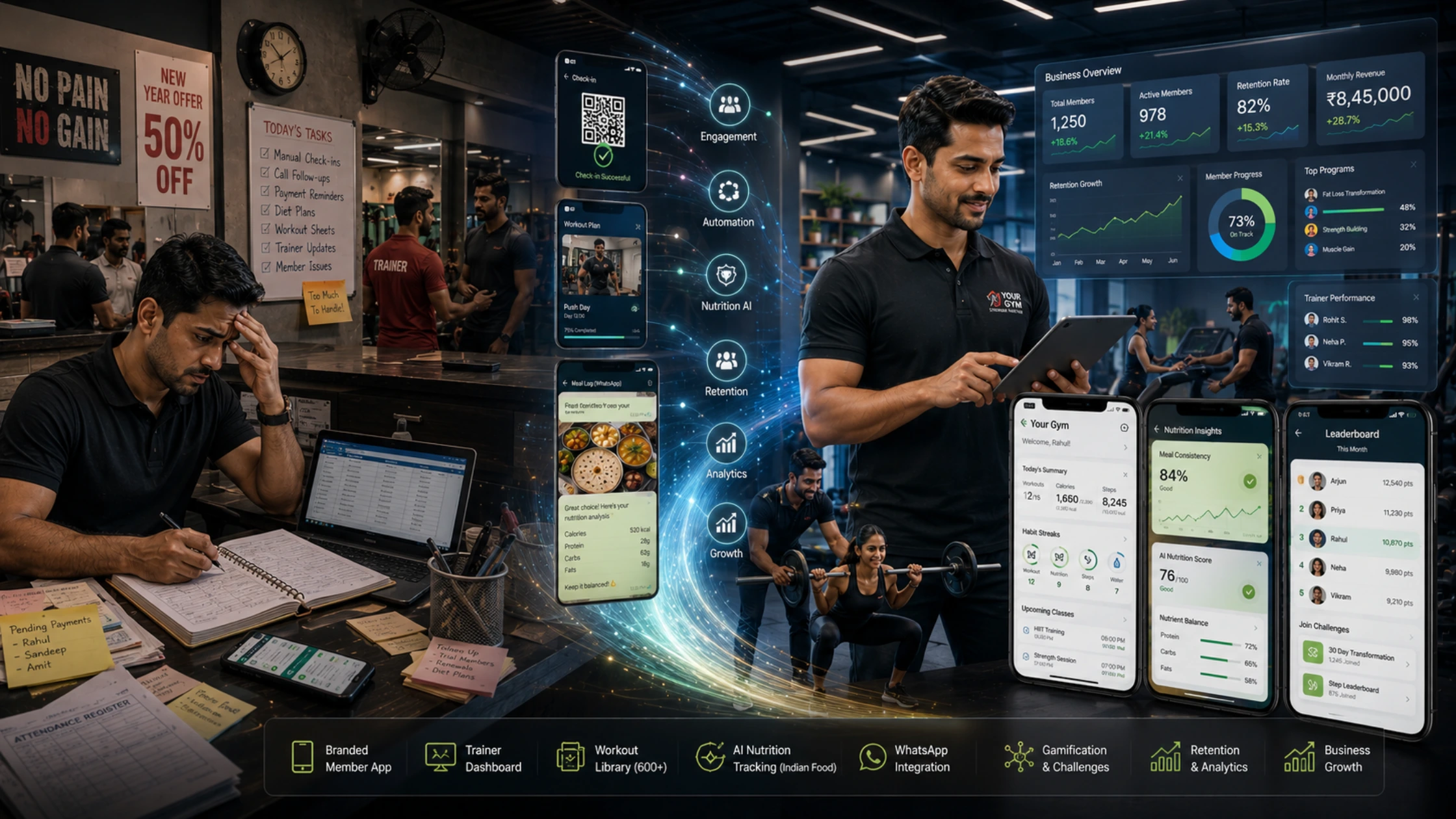 Indian gym owner using branded fitness app dashboard with workout tracking, Indian food nutrition logging, and member engagement tools
