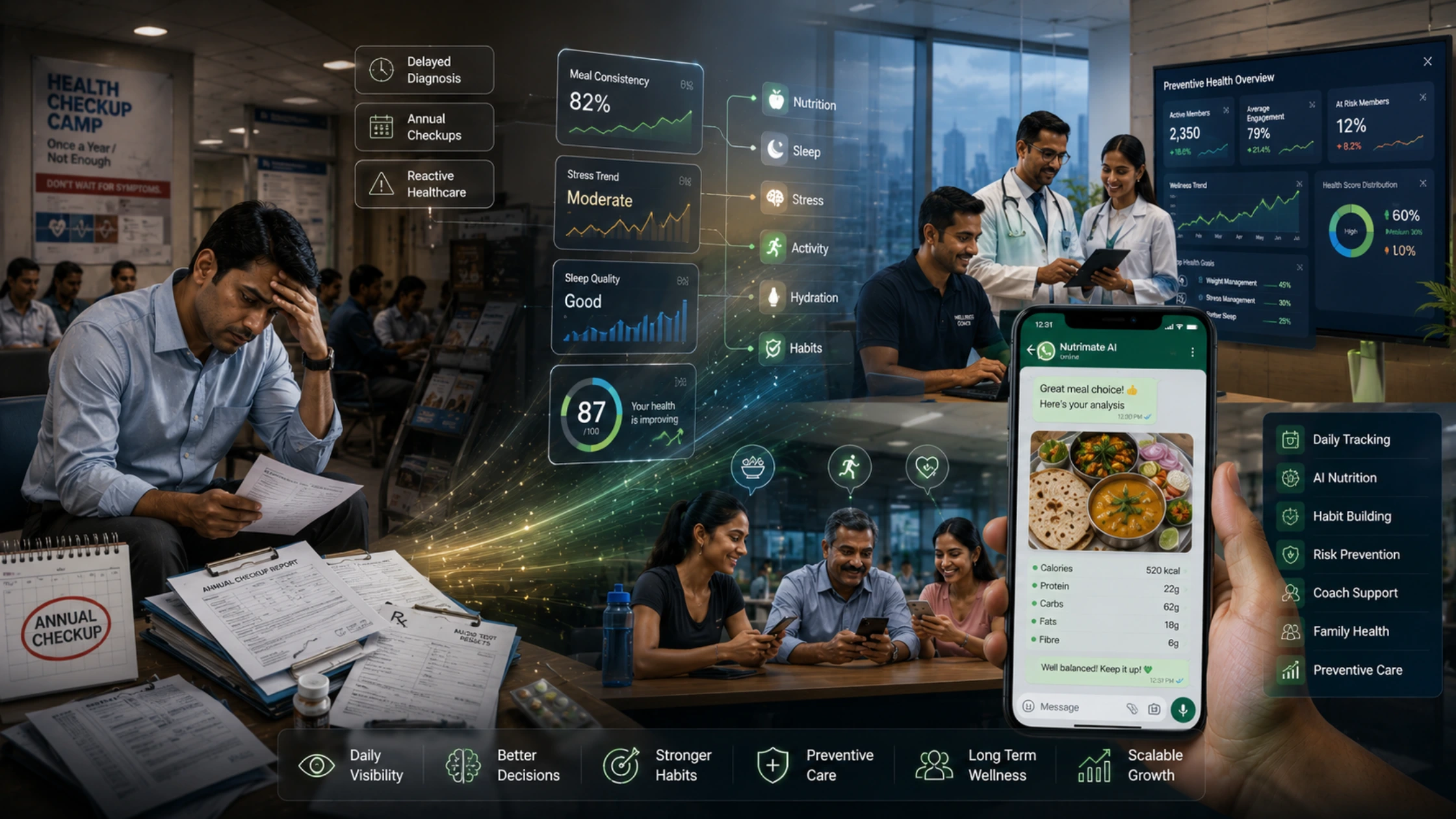 Preventive health software India dashboard showing daily meal tracking, employee wellness monitoring, patient health data, and digital preventive care systems
