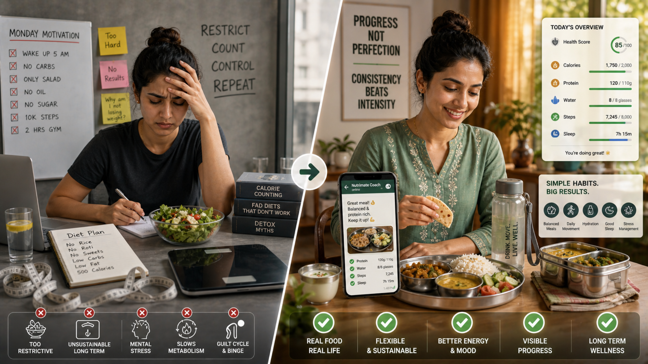 Balanced Indian home meal with healthy lifestyle habits showing sustainable Indian diet without dieting for busy professionals