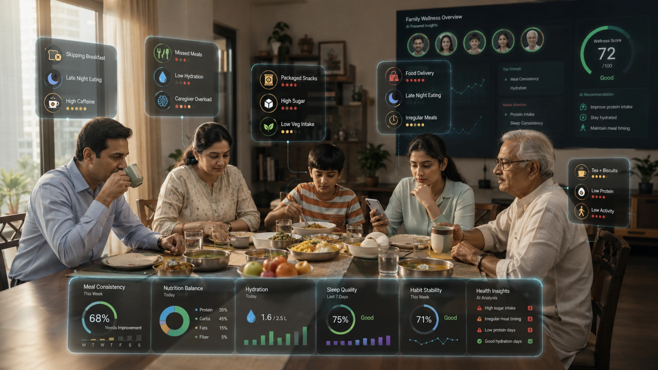 Indian family reviewing daily meals and nutrition habits together using a digital meal tracking system