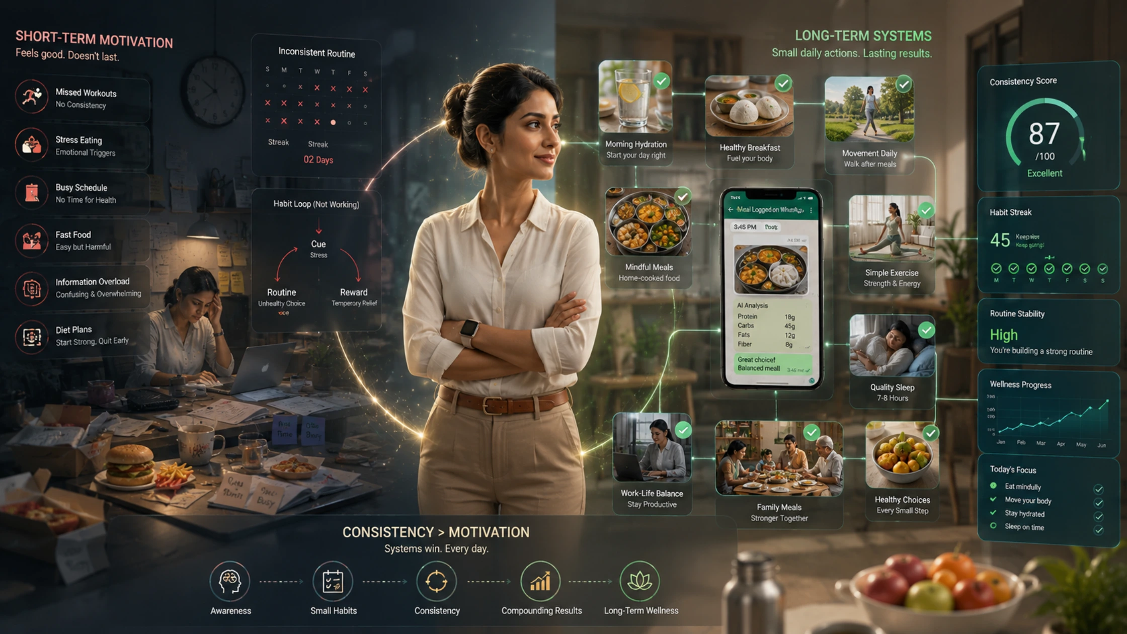 Indian professionals and families building healthy habits through meal tracking, exercise routines, and sustainable lifestyle changes