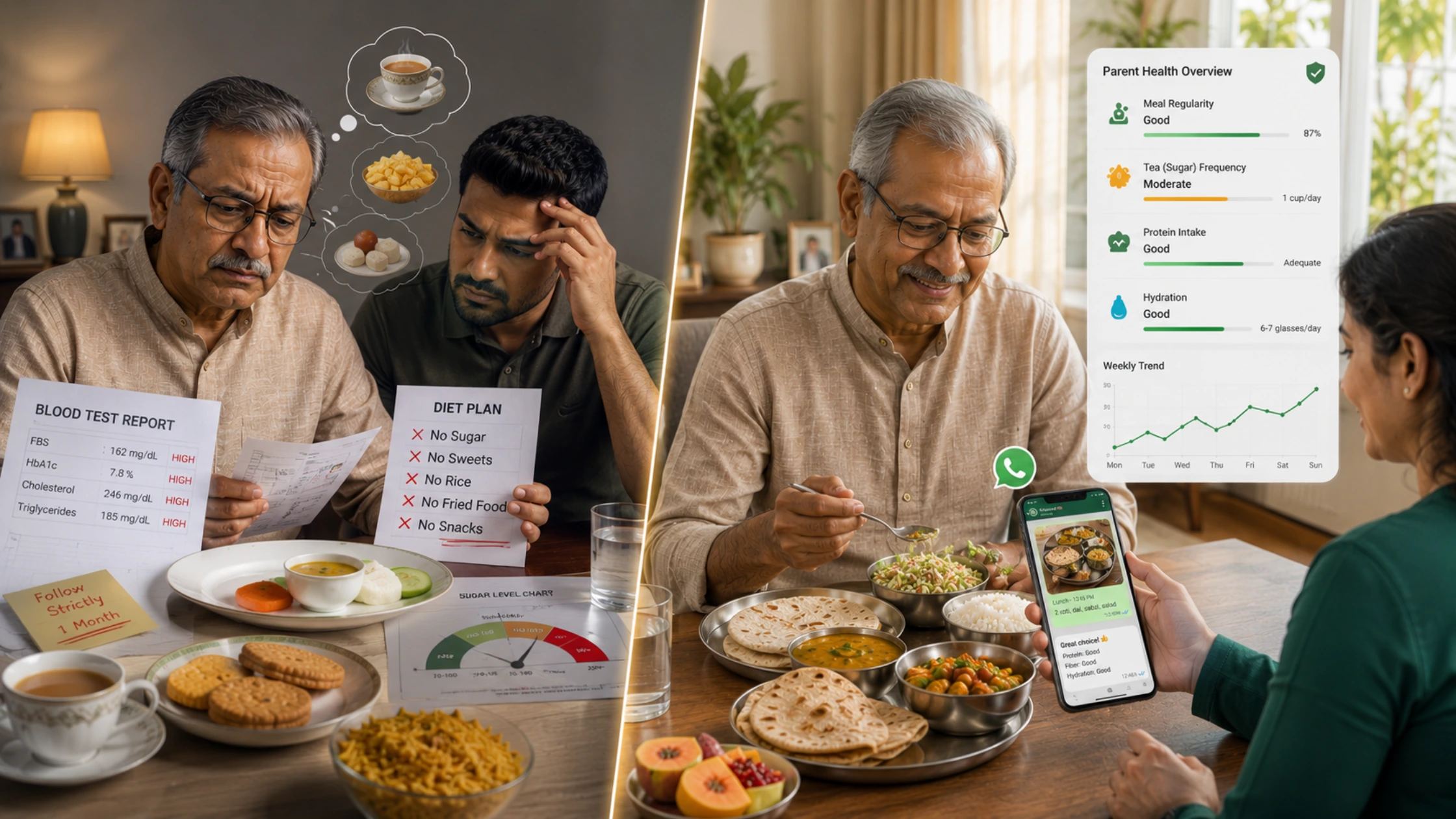 Indian family using daily nutrition tracking to track parents diet and support senior health through simple meal awareness and caregiver support