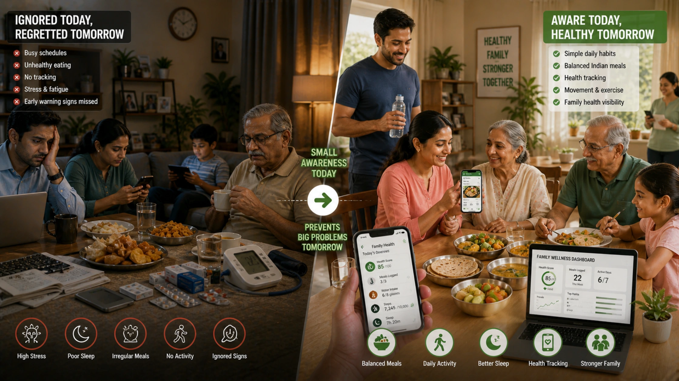 Indian family sharing healthy meals together while monitoring daily family health habits and preventive wellness awareness