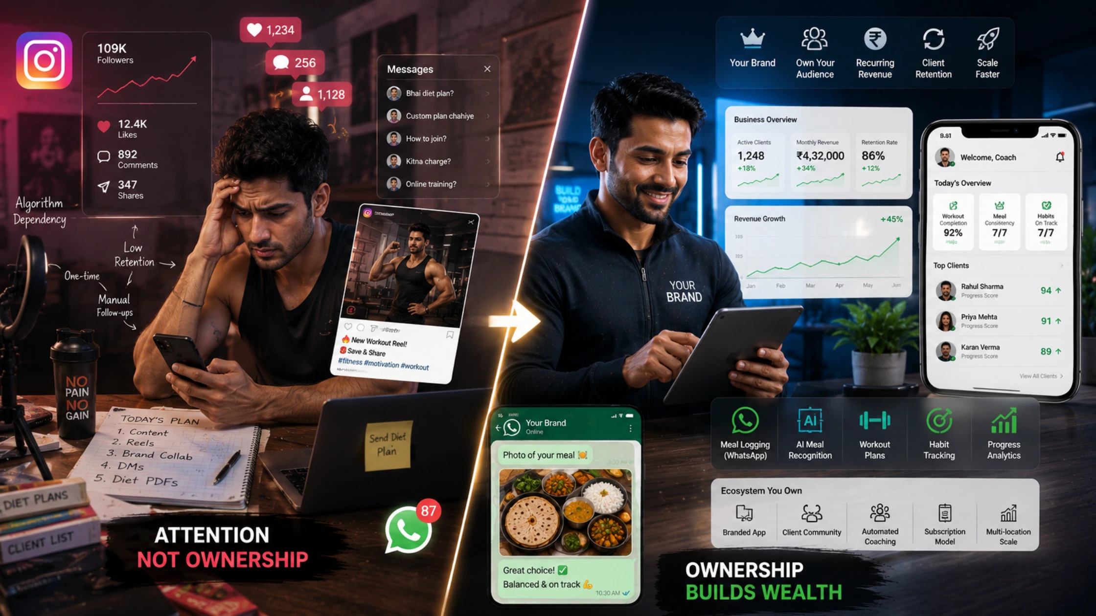 Fitness influencer app India showing branded fitness app dashboard with nutrition tracking, client engagement, and WhatsApp-based coaching system