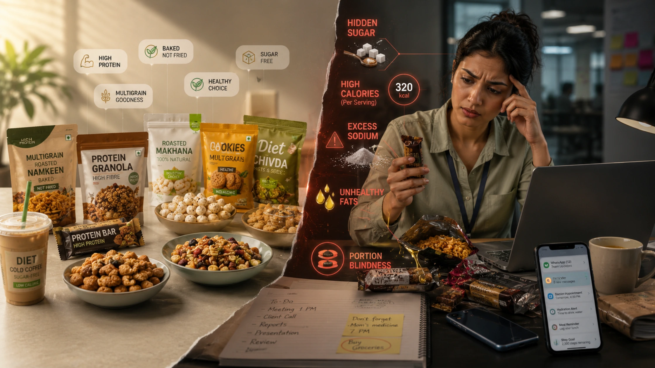 Indian healthy snacks including granola, namkeen, roasted makhana, protein bars, and chai snacks displayed with nutrition awareness concept