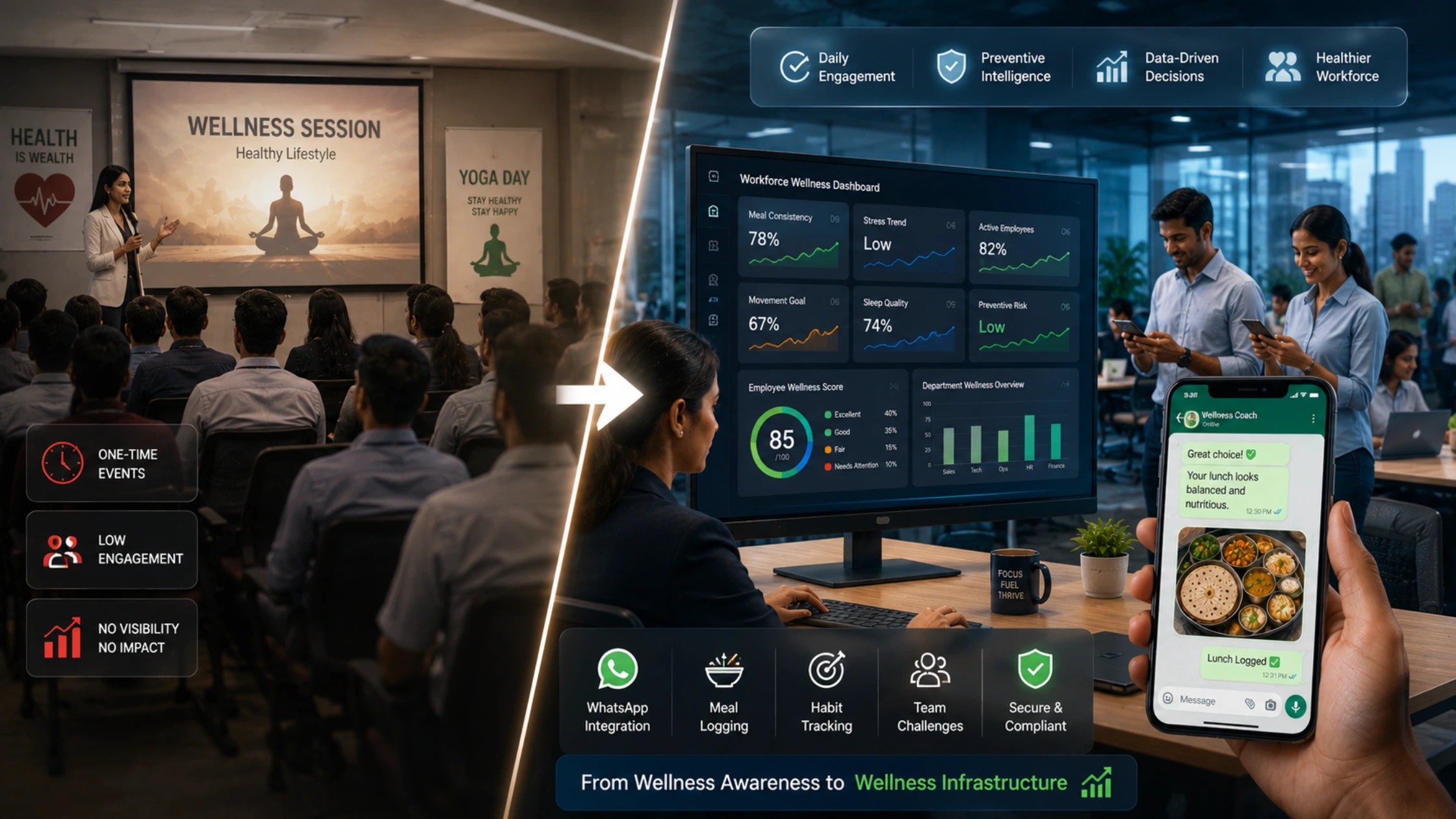 Corporate wellness platform India dashboard showing employee health tracking, meal logging, preventive health metrics, and digital wellness infrastructure for Indian companies
