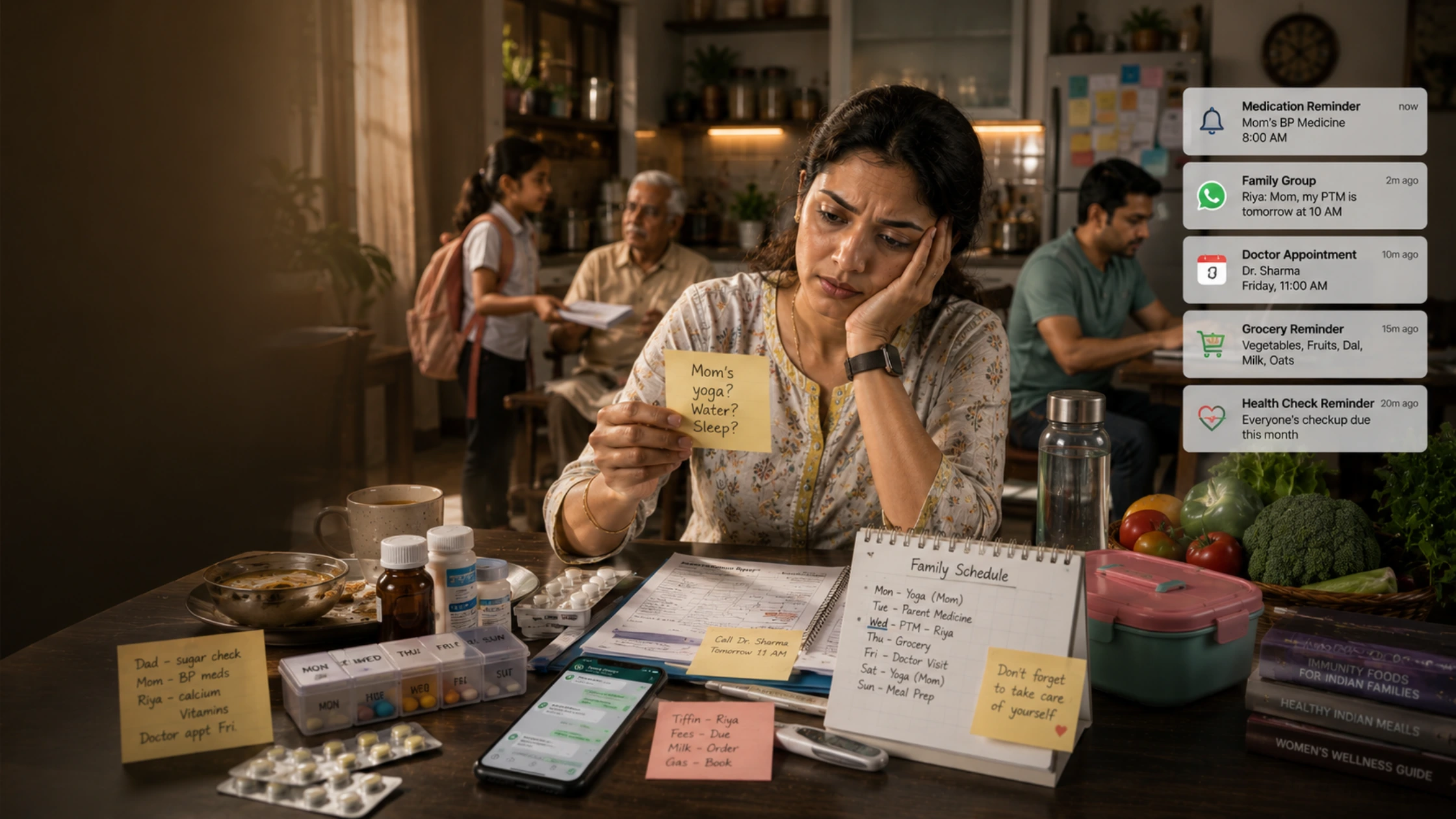 Indian mother managing family meals, medicines, and health routines while neglecting her own health and wellness