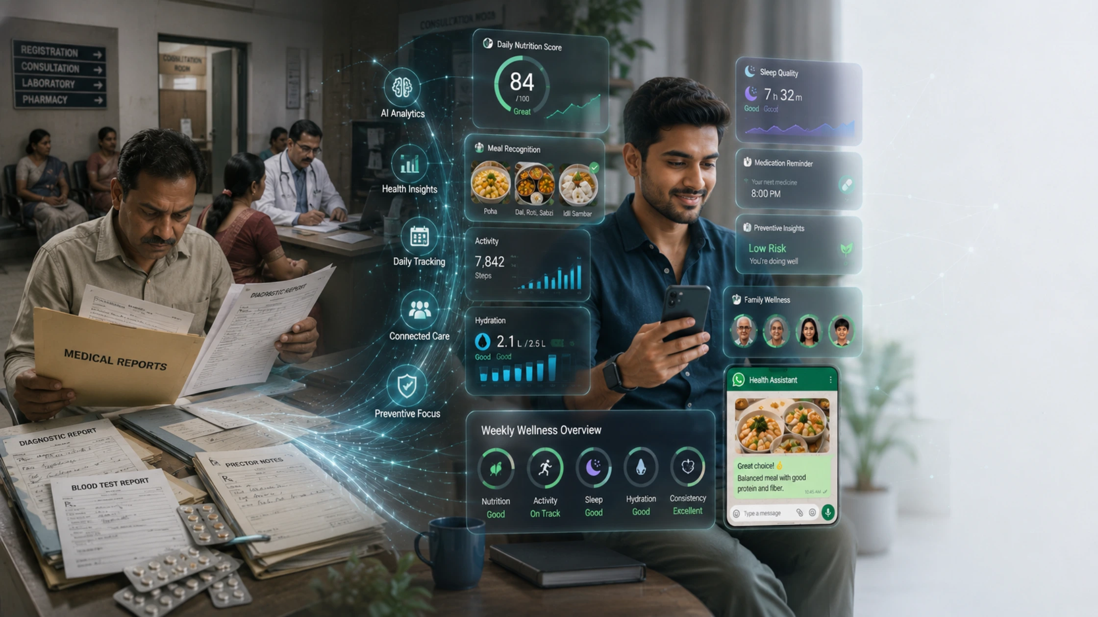 AI-powered digital health infrastructure in India connecting healthcare providers, wellness platforms, nutrition tracking, and preventive health monitoring