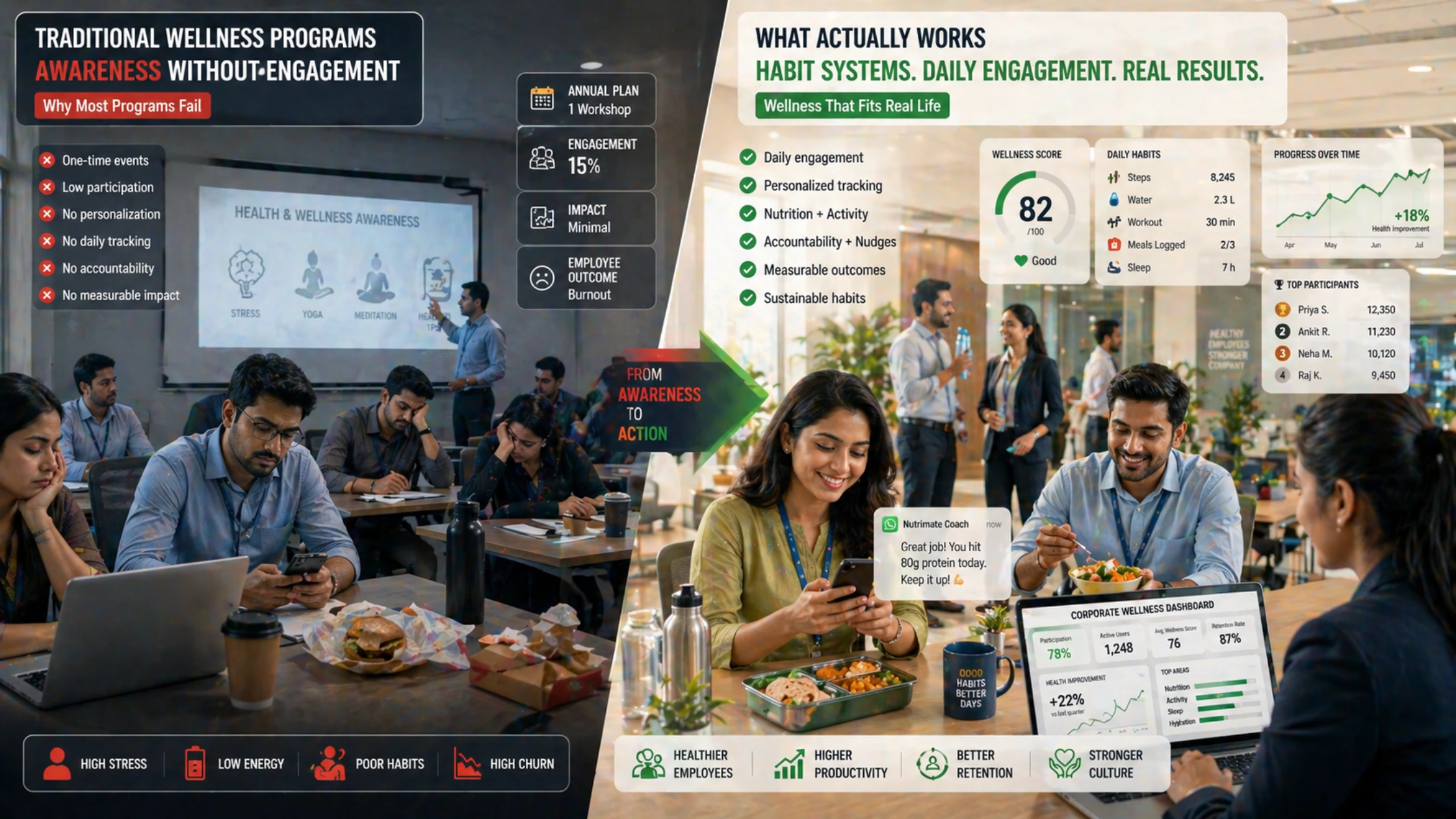 Indian corporate employees in office wellness program discussing daily health tracking and workplace wellness engagement tools