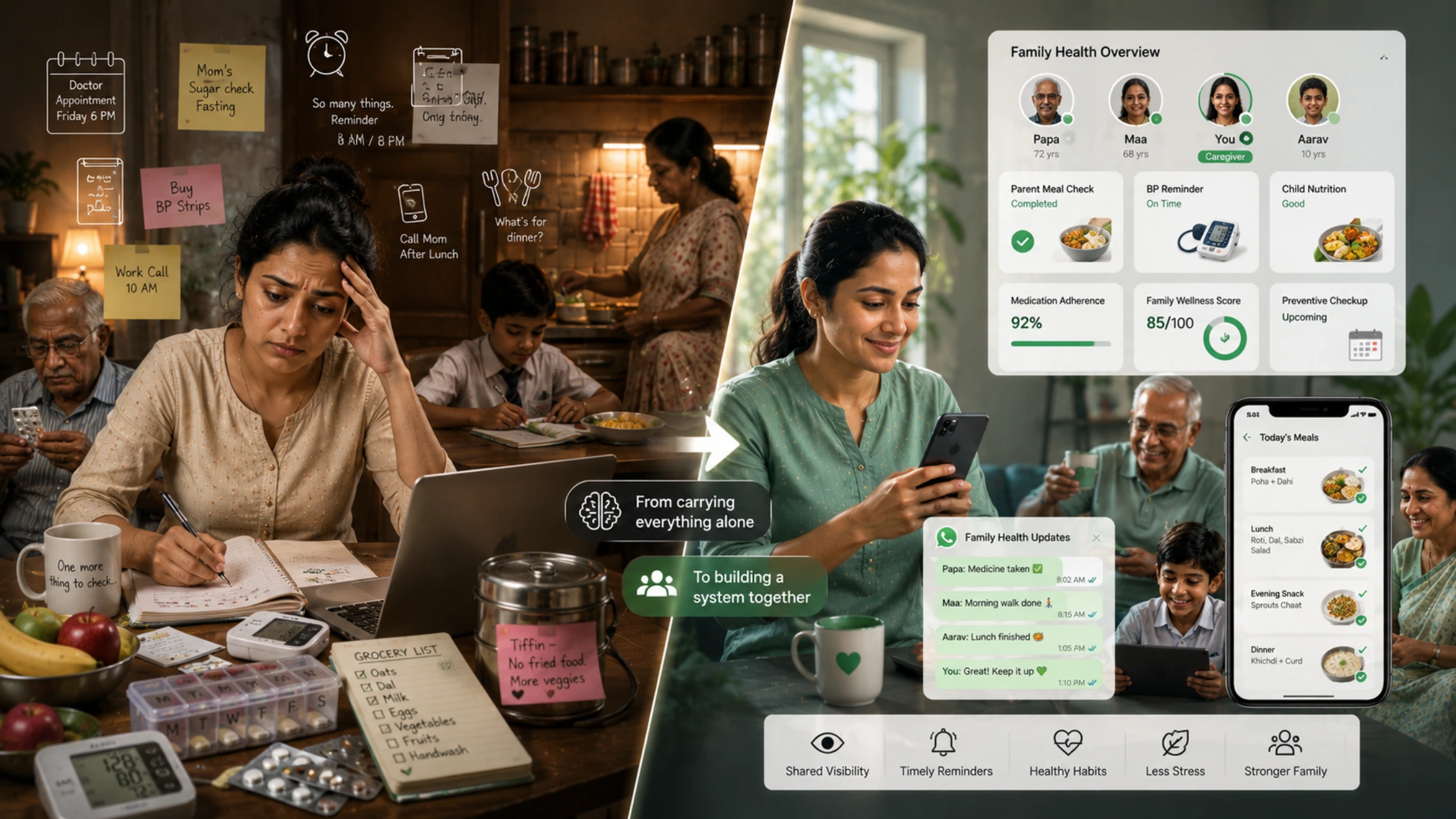 Indian family health management system showing caregiver planning meals, medicines, parents health tracking, and household wellness routines