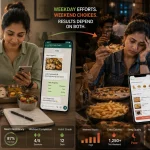 Indian professionals eating outside on weekends while tracking healthy eating habits and nutrition balance