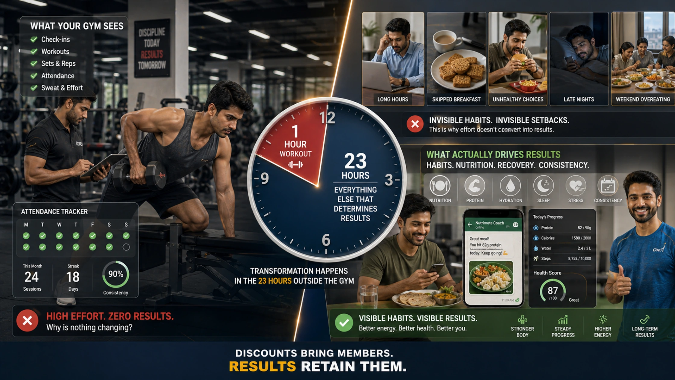 Indian gym trainer reviewing member nutrition habits and meal tracking for better fitness transformation results