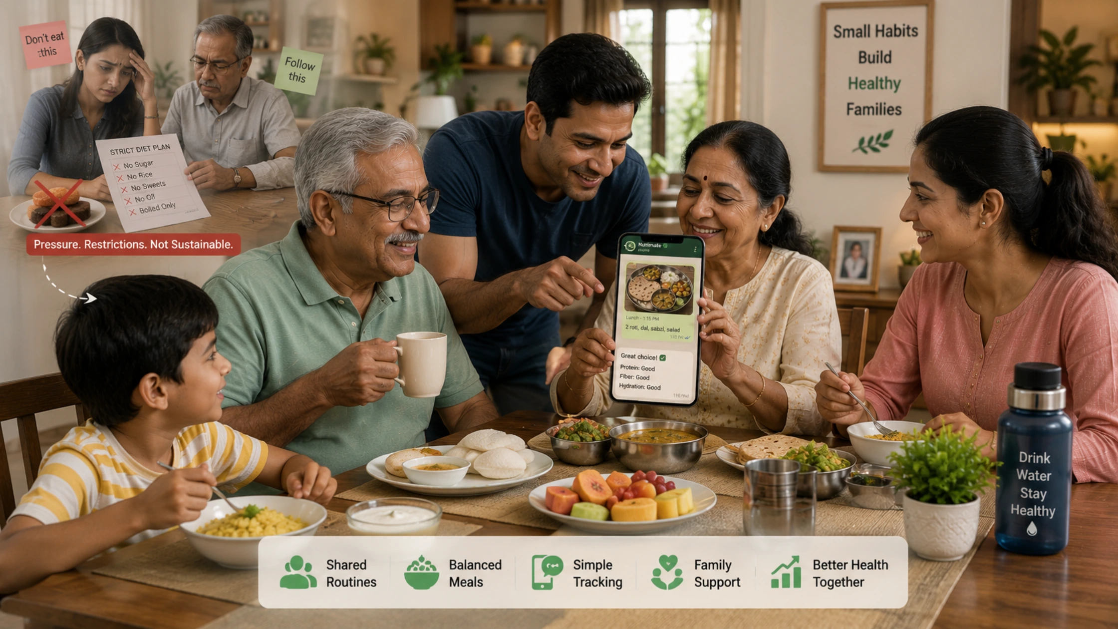 Indian family building healthy habits at home through supportive routines, family wellness systems, and sustainable lifestyle changes without pressure