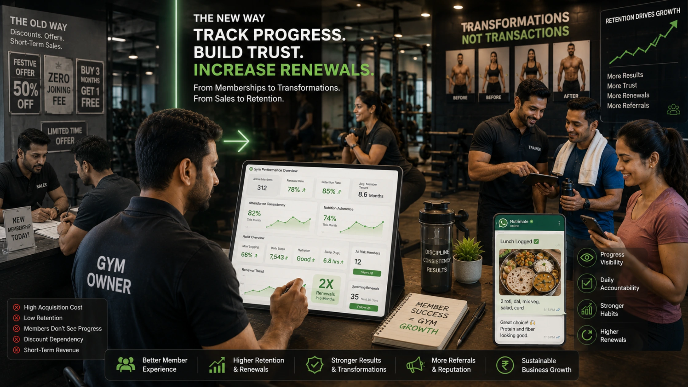 Indian gym using member retention tools, nutrition tracking, and fitness client engagement systems to increase gym renewals and retention