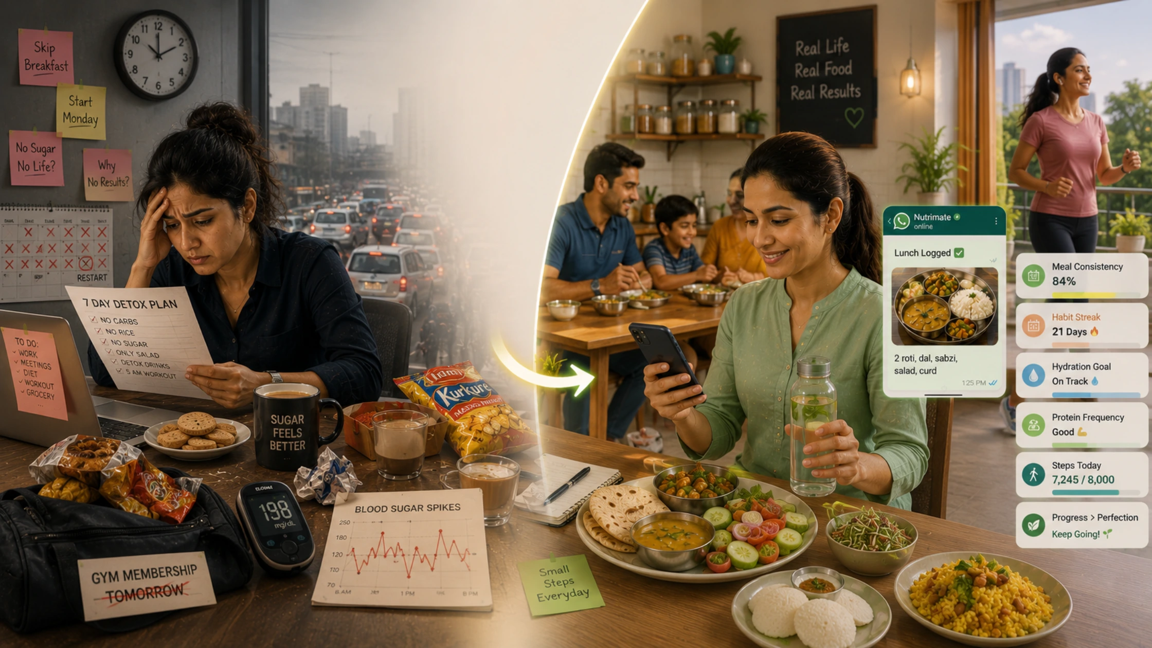 Indian family and working professionals building sustainable health habits through meal tracking, healthy routines, and long-term lifestyle changes