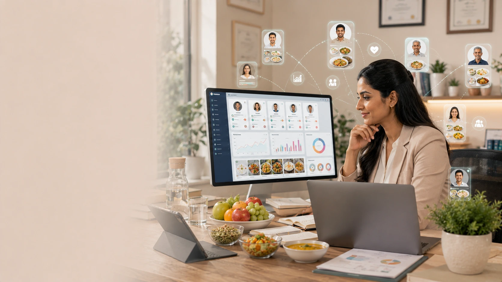 Nutritionist using client management software to monitor nutrition plans, track client progress, automate follow-ups, and scale personalized nutrition coaching in India