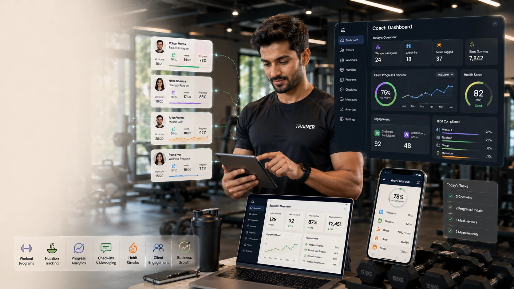 Best fitness software for fitness trainers in India managing workouts, nutrition tracking, and client progress through a modern digital coaching platform
