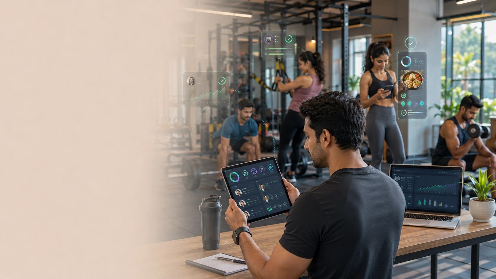 Fitness trainer reviewing member progress and nutrition tracking dashboard inside a modern fitness studio