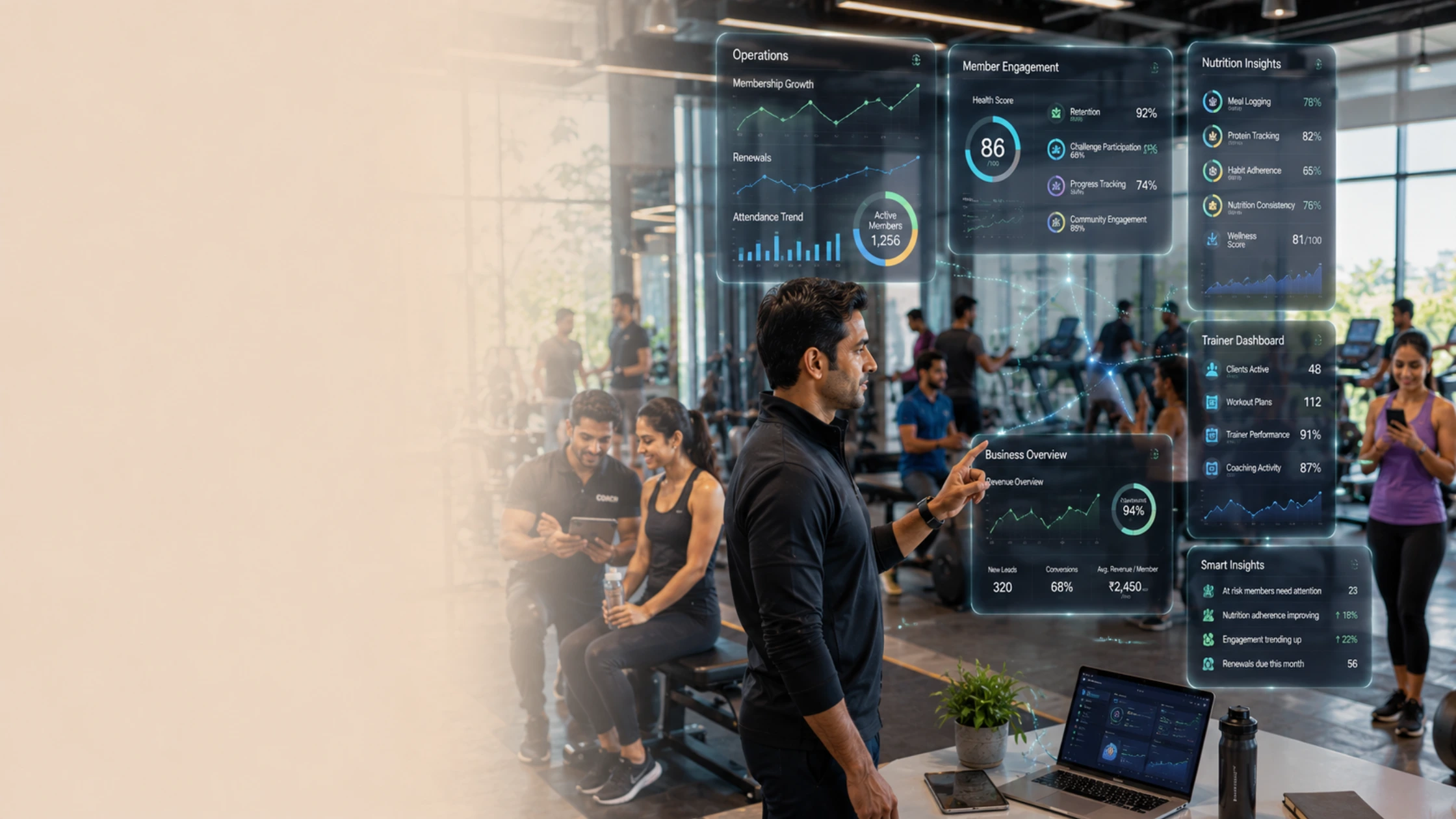 Gym owner using gym management software dashboard to track members, trainers, nutrition, and engagement in India