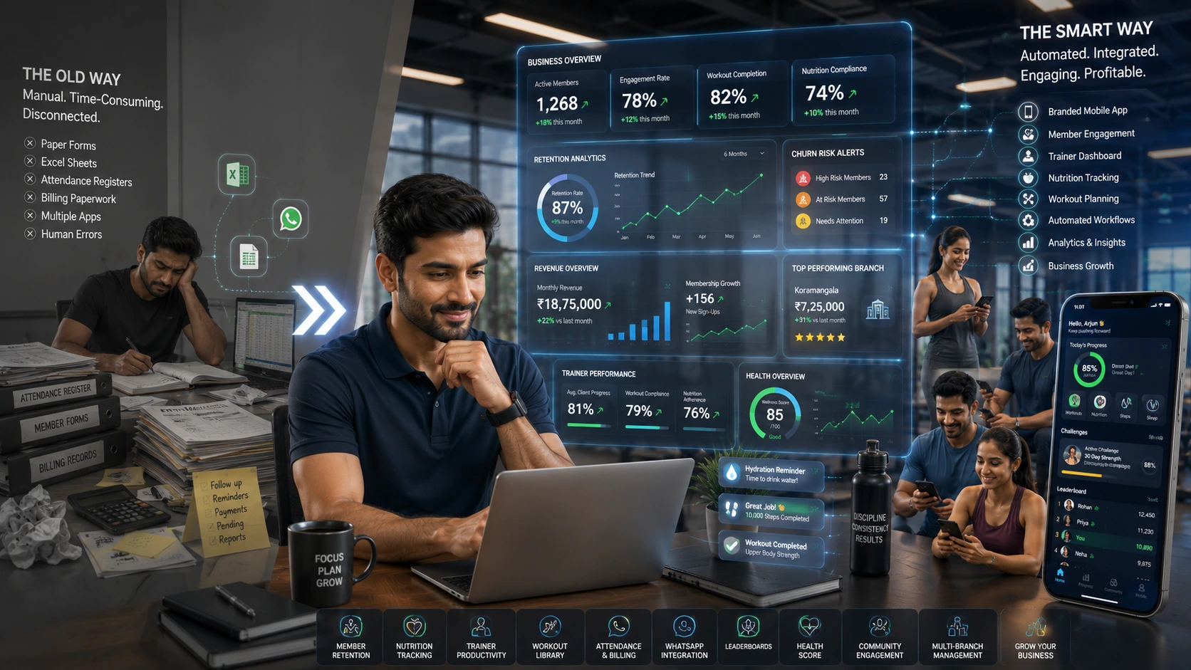 Gym owner reviewing fitness software dashboard with member engagement, retention analytics, nutrition tracking, and branded fitness app features