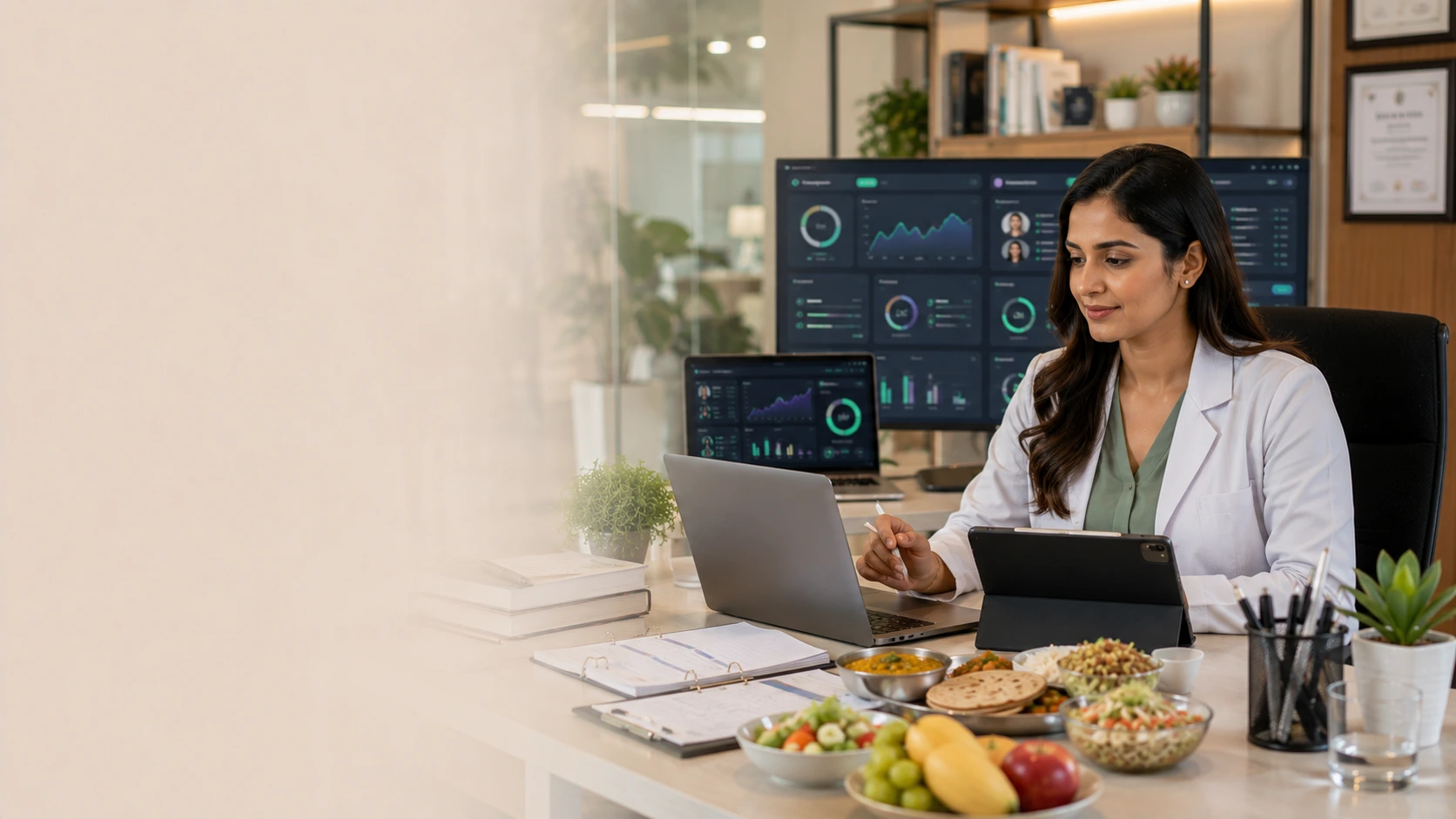 Indian nutritionist using wellness software to track client nutrition, meal plans, and health progress