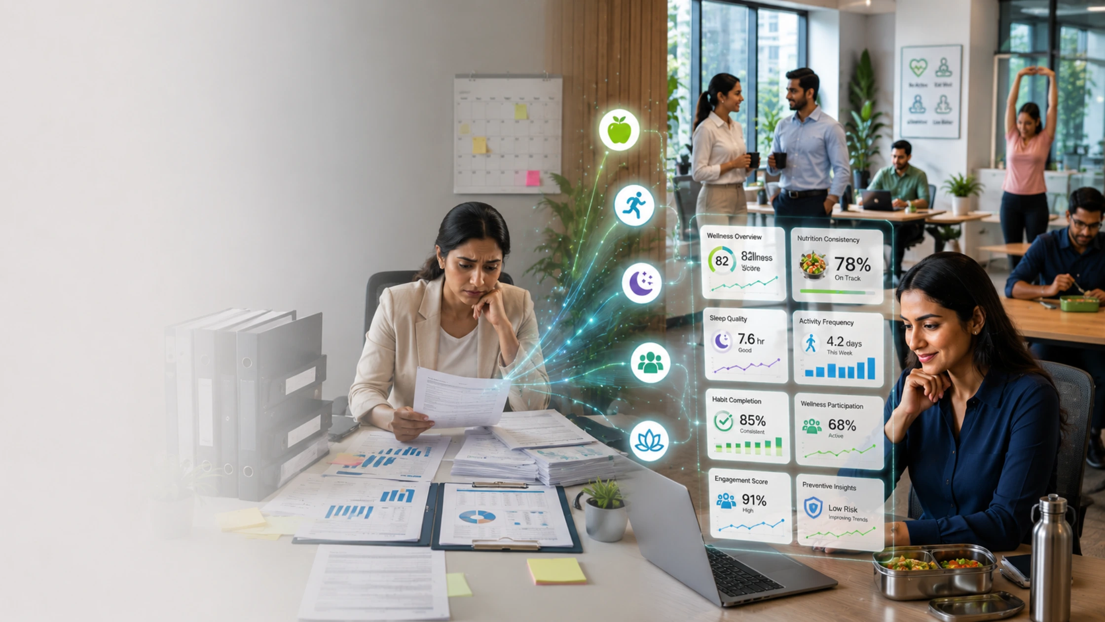 Corporate health dashboard showing employee wellness metrics, nutrition tracking, activity levels and preventive health insights
