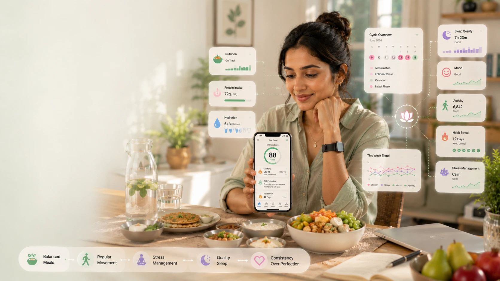 Healthy habits for PCOS with balanced Indian meals, daily movement, meal tracking, and healthy lifestyle for women