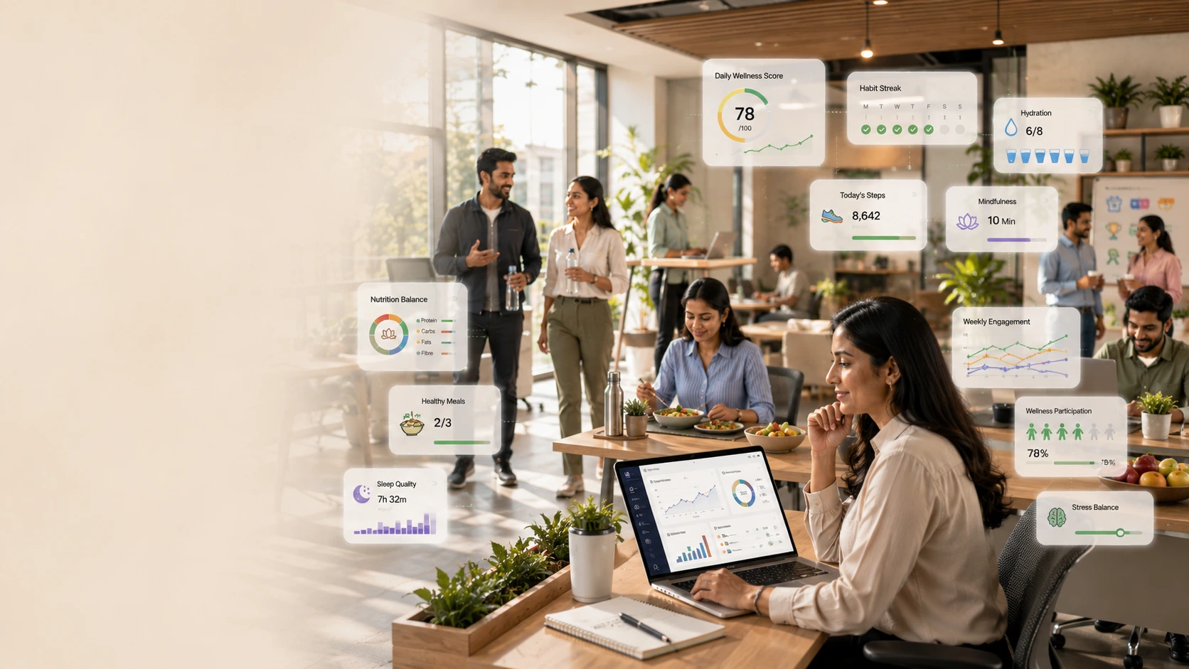 Employees participating in workplace wellness engagement tools through digital health tracking and healthy workplace activities