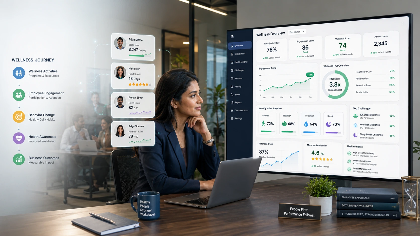 HR professionals reviewing wellness ROI dashboard with employee engagement, health metrics, and corporate wellness analytics