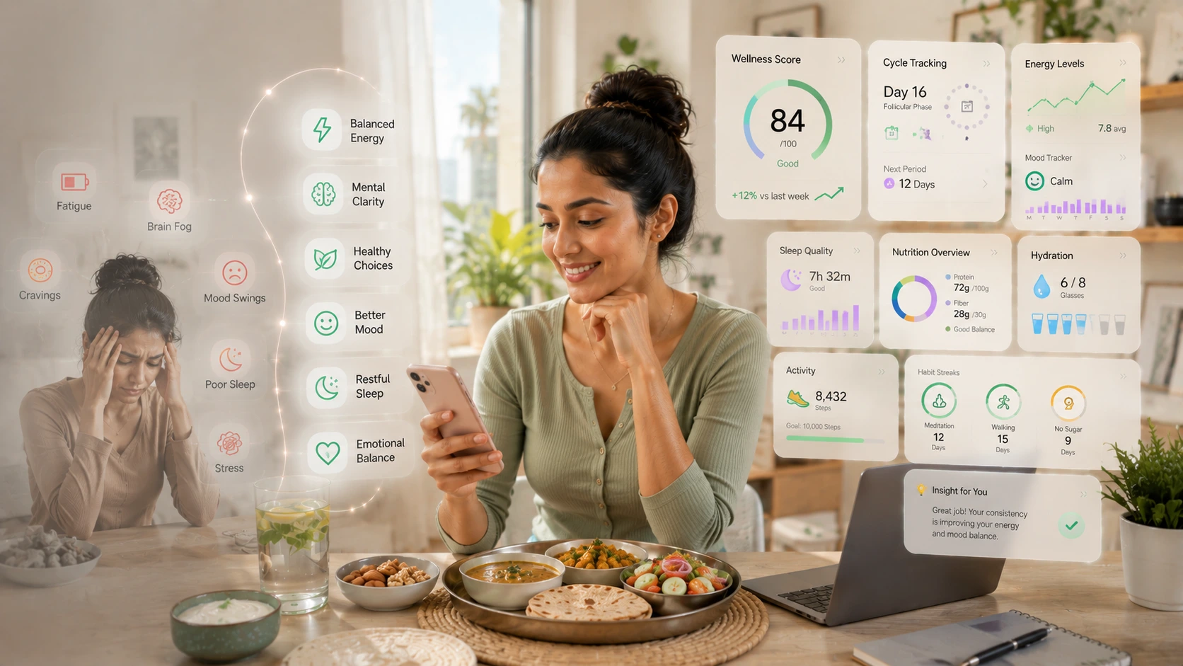 Indian woman tracking energy, nutrition, sleep, and mood patterns to support hormonal health and overall wellness