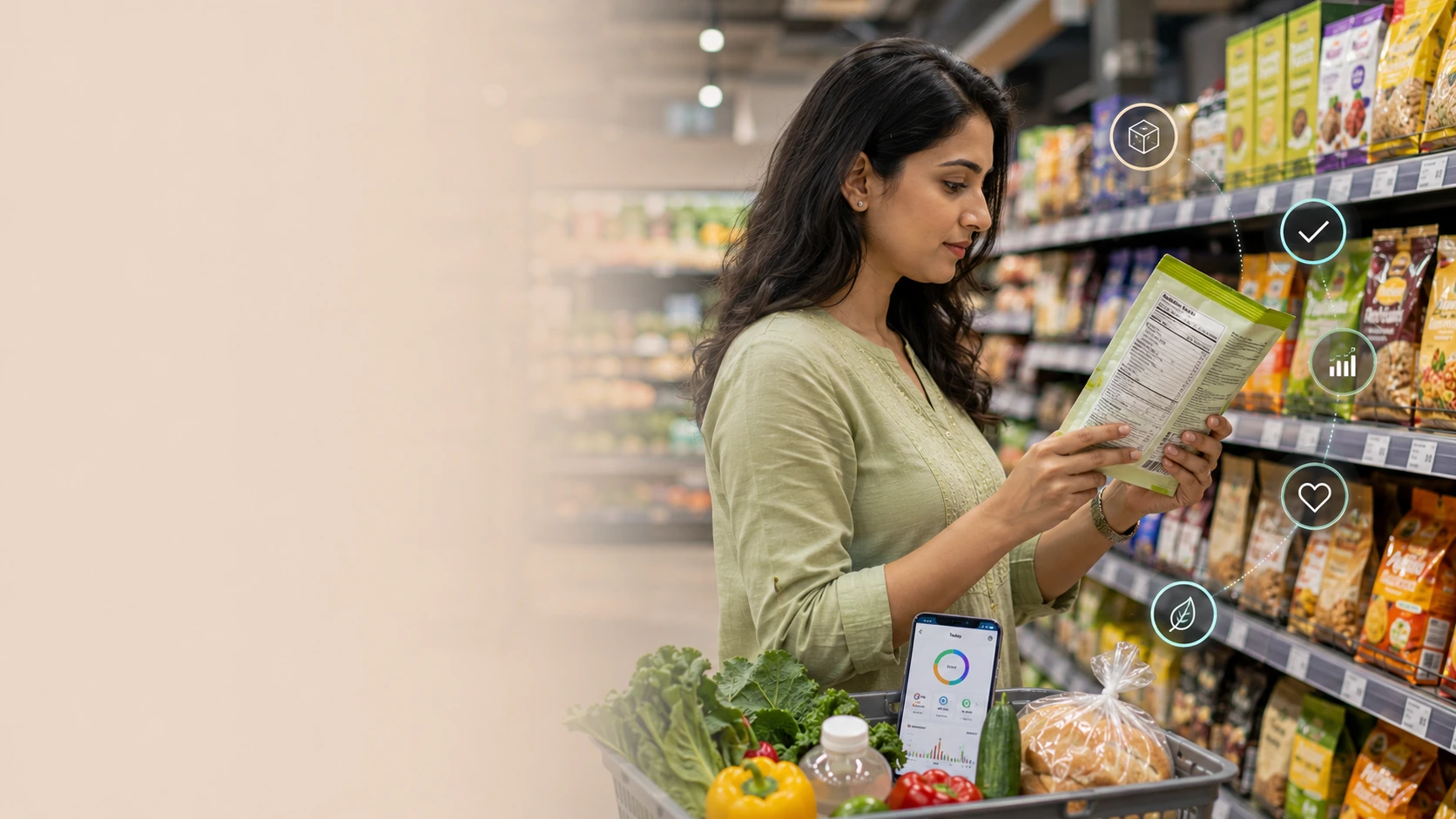 Indian consumer reading packaged food nutrition label while comparing calories, protein, sugar, and ingredients in a supermarket