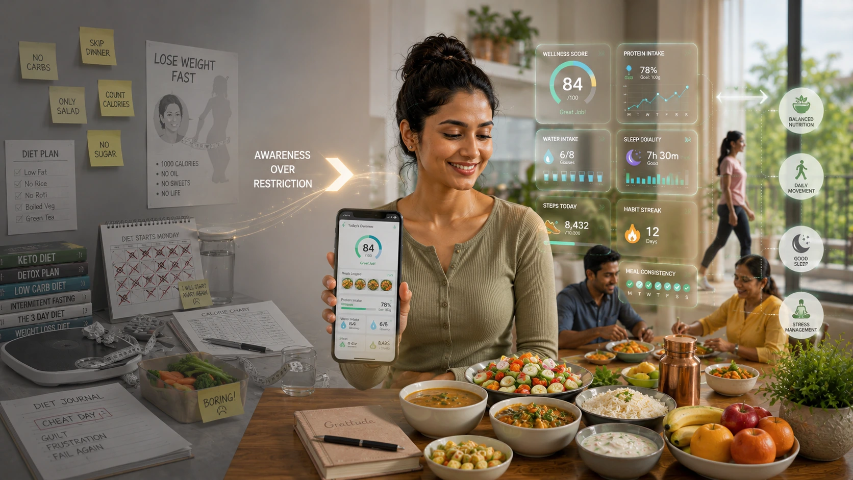 Indian professional enjoying balanced home-cooked meals while following healthy lifestyle habits without restrictive dieting