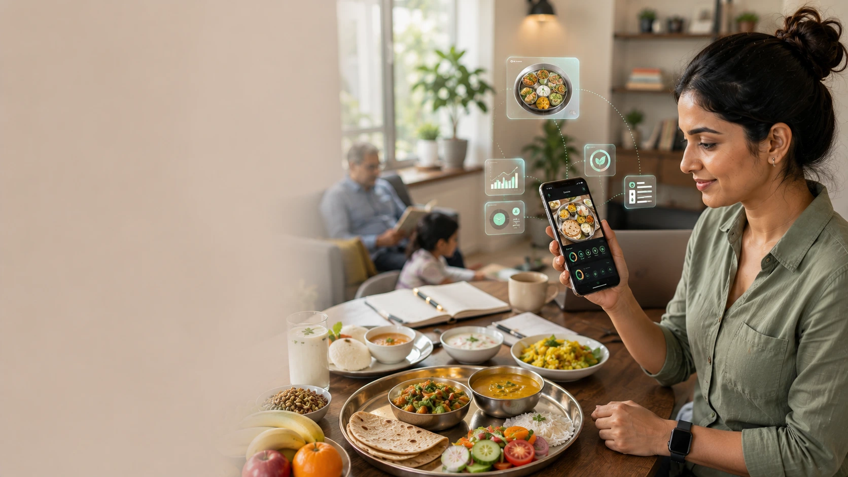 Indian professional using a calorie tracking app to log traditional Indian meals on a smartphone