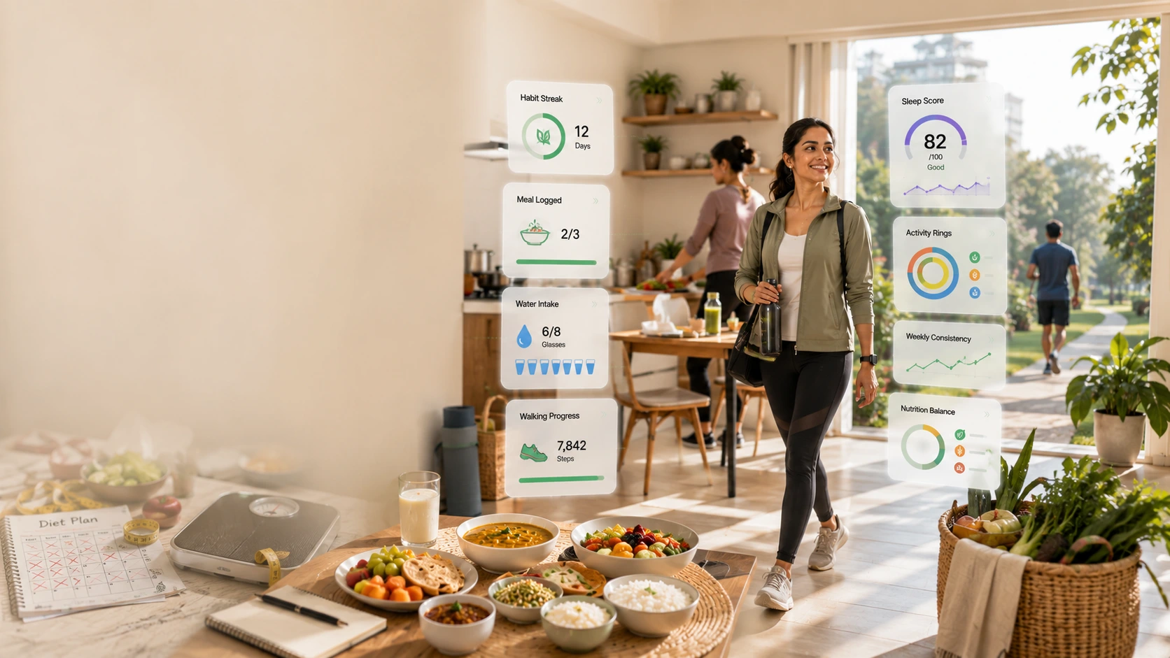 Indian family adopting healthy lifestyle habits with balanced meals and regular physical activity for long-term wellness