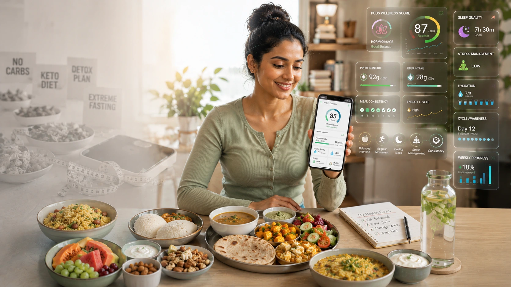 Indian woman following a balanced PCOS diet with healthy Indian meals including poha, dal, roti, paneer, vegetables, and nutrition tracking