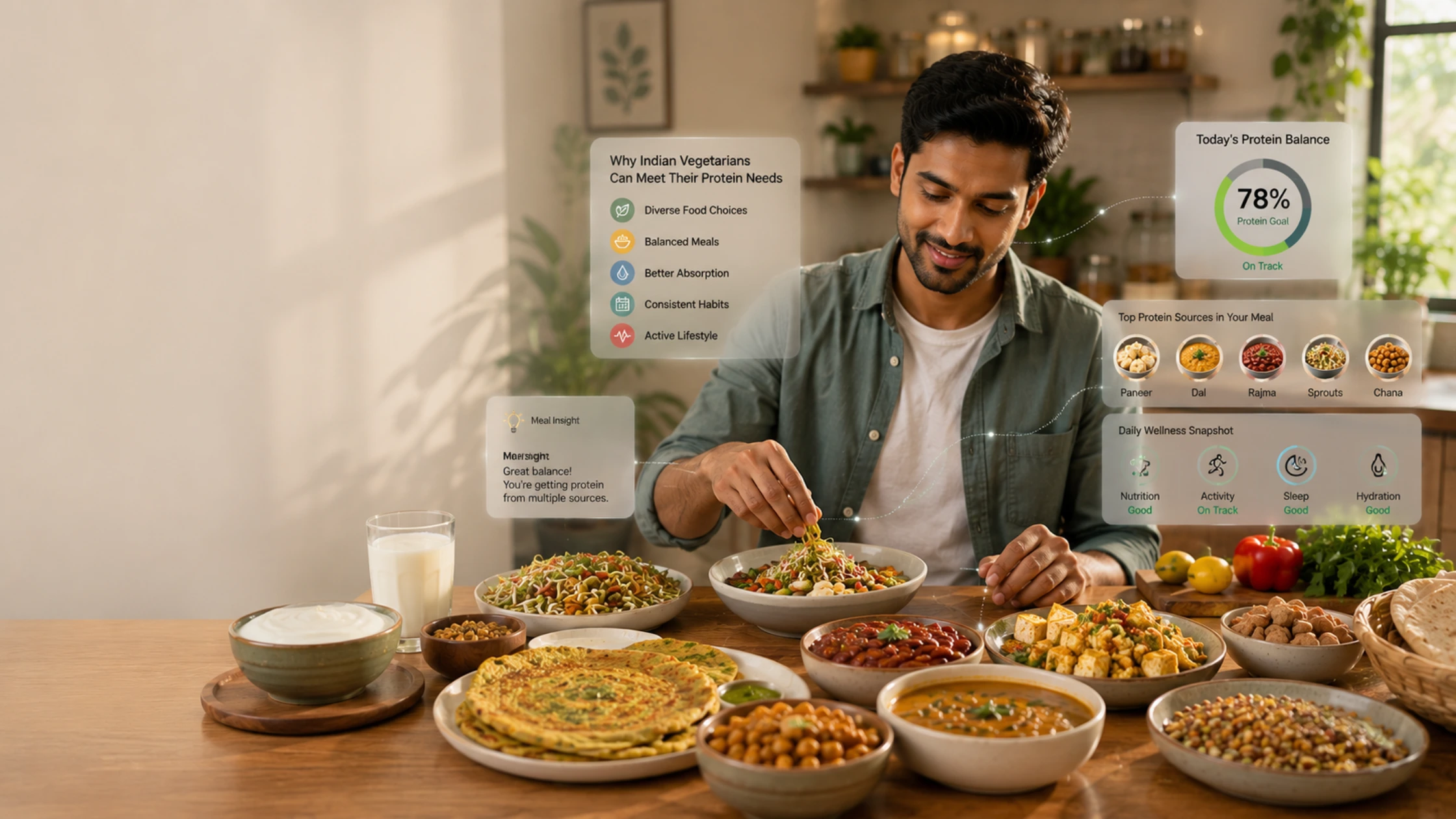 High protein vegetarian Indian foods including paneer, curd, soy chunks, sprouts, rajma and chana arranged on a healthy meal table