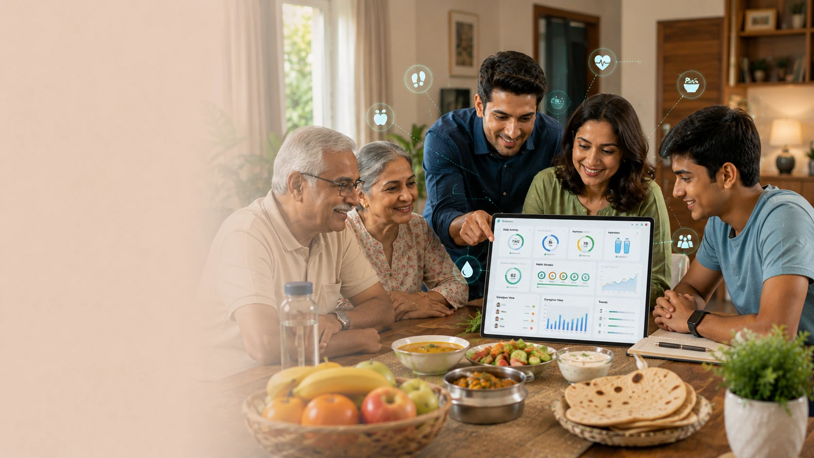 Indian family reviewing health habits and wellness metrics on a family health dashboard